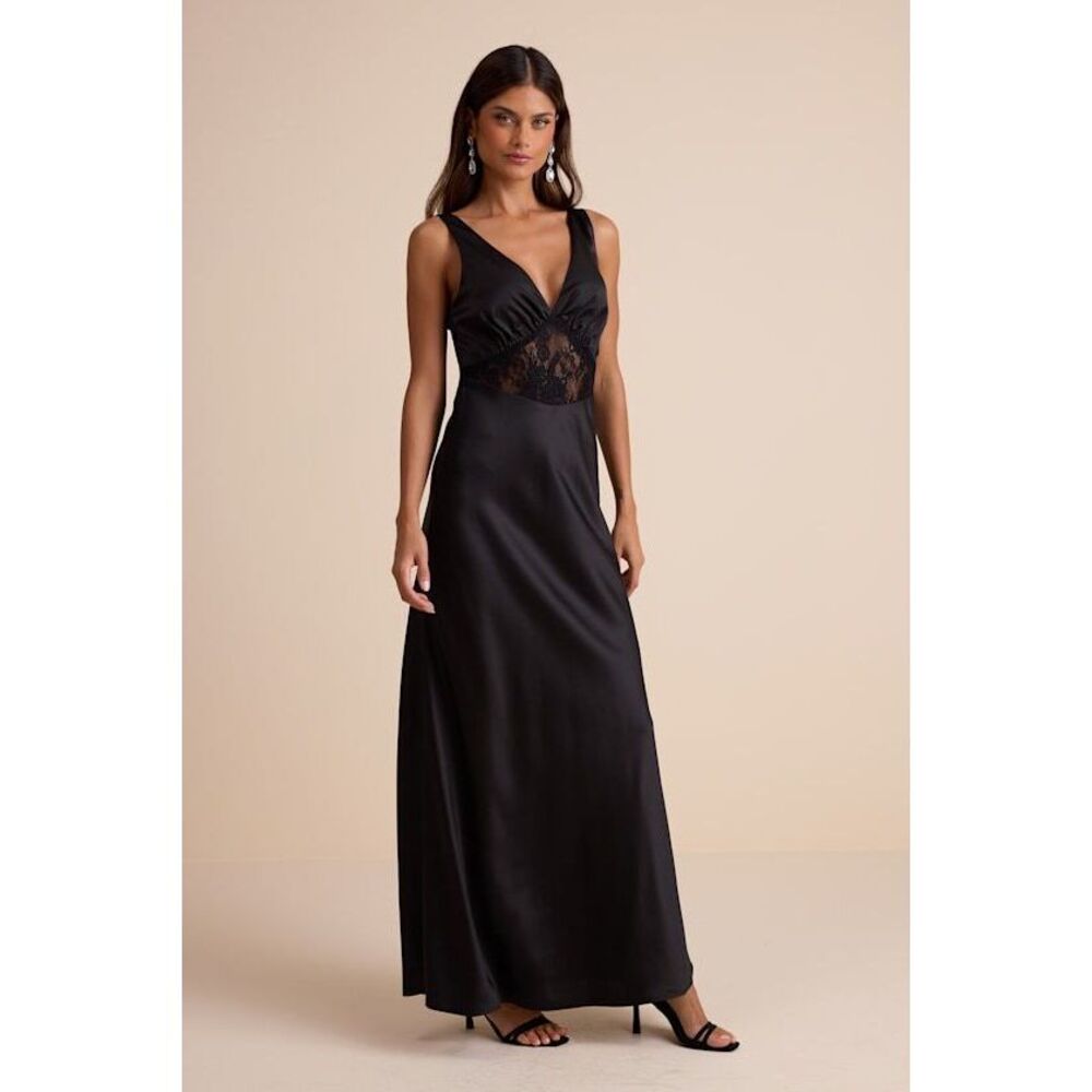 Lulus Toulouse Black Satin Lace Maxi Dress - Size XL